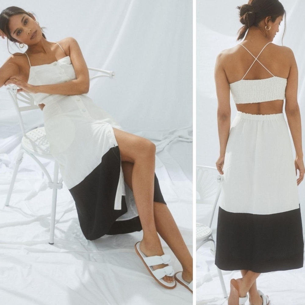 NWT Anthropologie Maeve Colorblock Linen Summer Midi Dress in Black and White